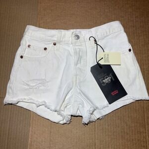 Levis Premium Women 501 White Mid Rise Button Fly Distressed Denim 24 Shorts NWT